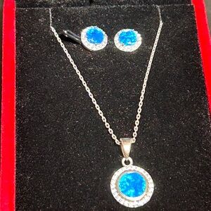 Blue Opal Pendant and Earring Set in #925 Sterling Silver with A Box